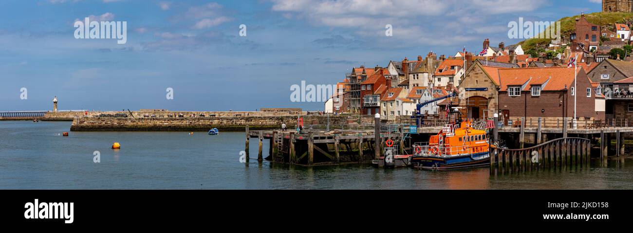 The Whitby lifeboat moored at the RNLI station in the Harbour of the Yorkshire town Stock Photo