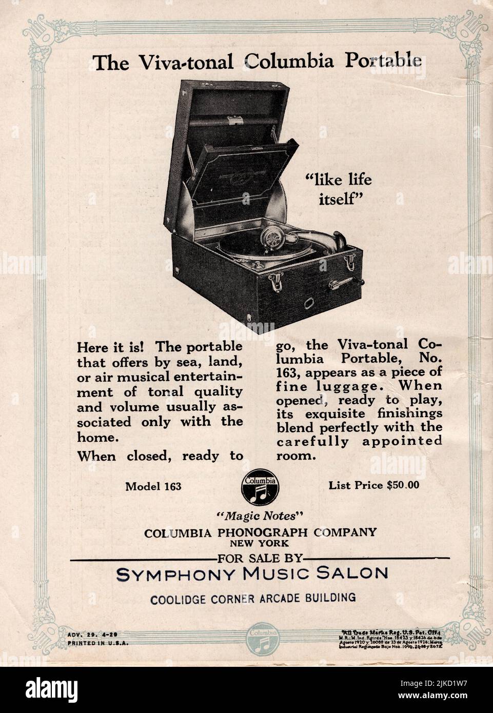 Vintage ad for Columbia Records Phonograph, appearing in the April 1929 magazine for Columbia, 'The Portable' phonograph in a luggage case. Stock Photo