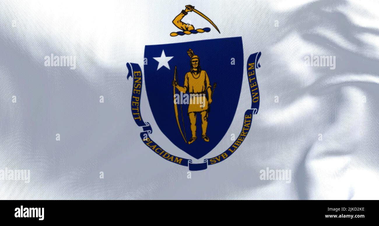 The US state flag of Massachusetts waving in the wind. Massachusetts is the most populous state in the New England region of the United States. Fabric Stock Photo