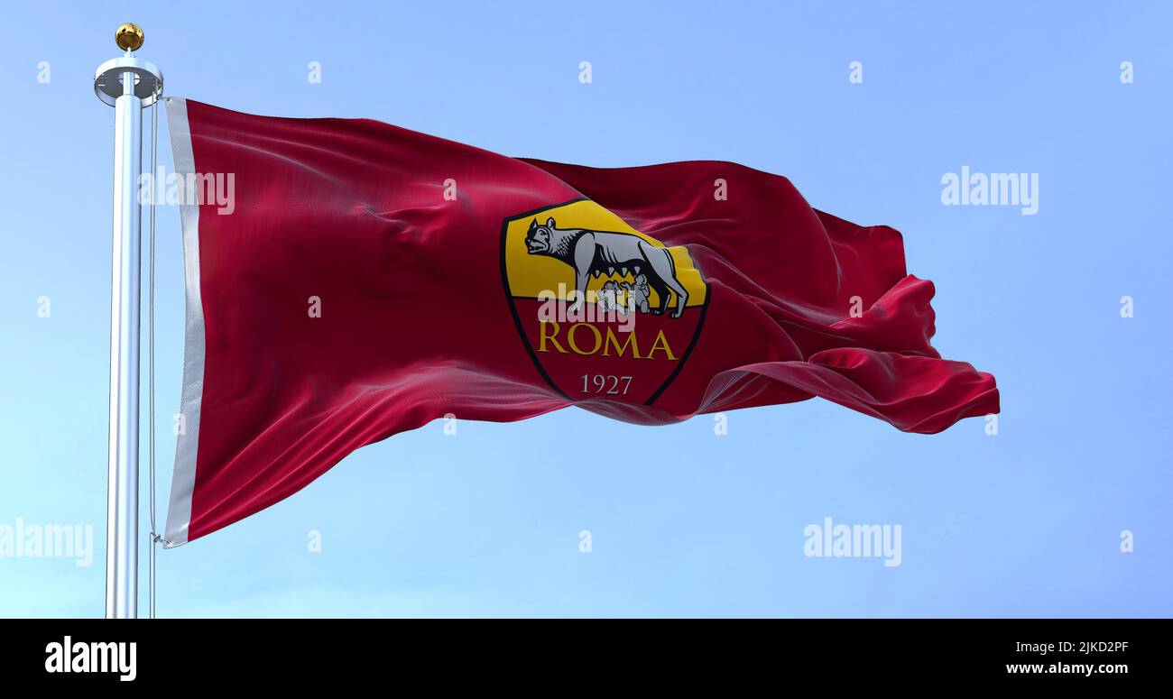 Rome, Italy, July 2022: The flag of AS Roma waving. AS Roma is a professional football club based in Rome. Fabric textured background Stock Photo
