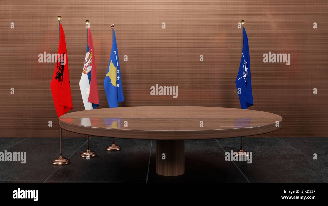 Albania and Serbia and Kosovo and NATO. Flag Albania, flag Serbia, flag Kosovo and flag NATO, Albania Serbia Kosovo NATO Summit, 3D work and 3D illust Stock Photo