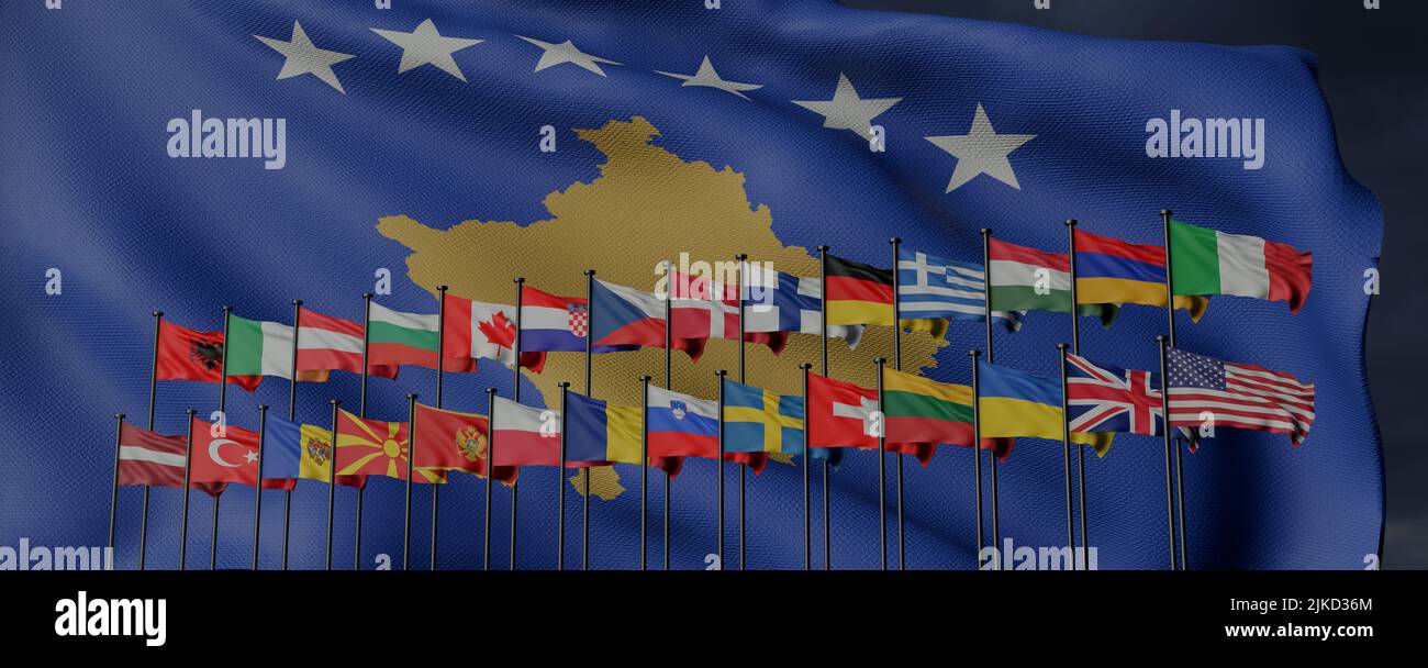 KFOR countries with flags, background flag Kosovo in dark blue sky, War Kosovo and Serbia, 3d illustration and 3d work Stock Photo