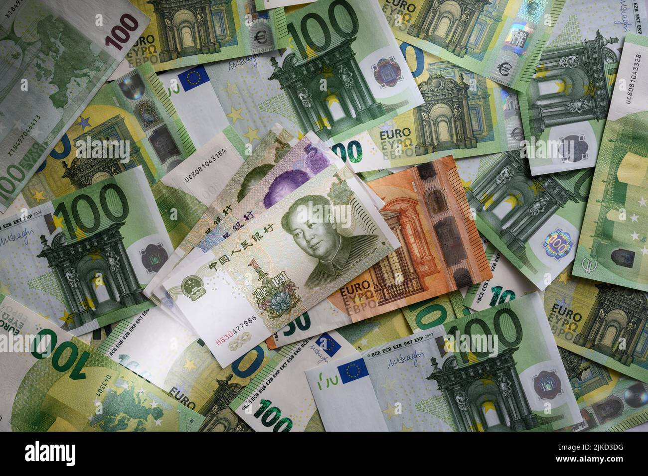 1 Chinese yuan banknote on the background of 100 Euro banknotes ...