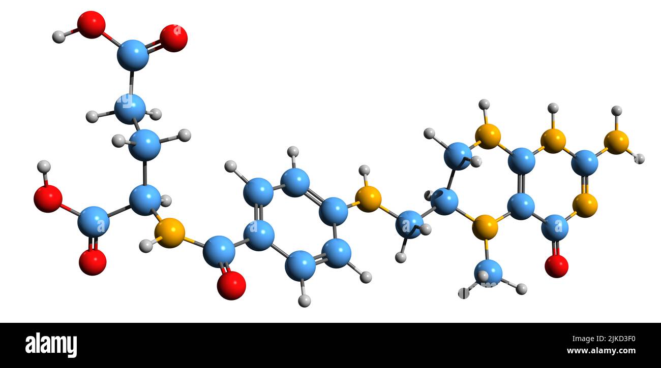 3D image of Levomefolic acid skeletal formula - molecular chemical structure of L-5-methyltetrahydrofolate isolated on white background Stock Photo