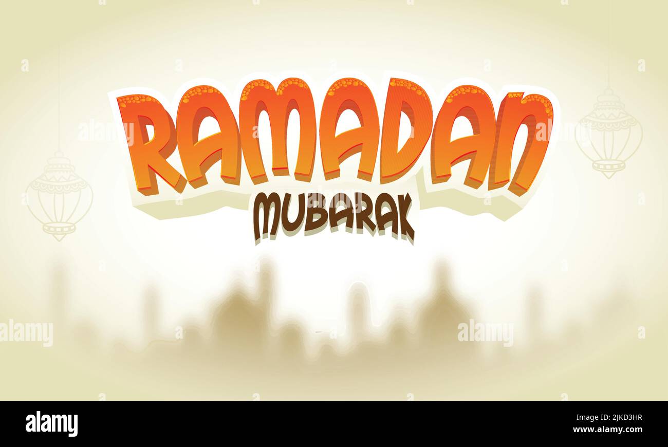 Ramadan Mubarak Font On Beige Blurred Mosque Background Stock Vector