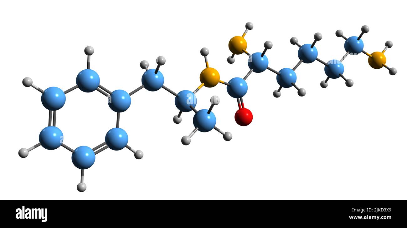 3D image of Lisdexamfetamine skeletal formula - molecular chemical structure of stimulant medication L-Lysine-d-amphetamine isolated on white backgro Stock Photo