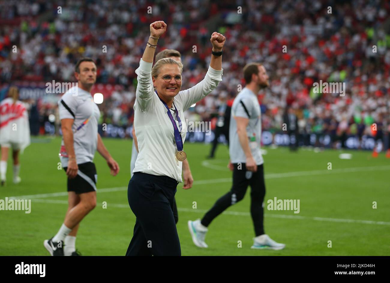 31st July 2022; Wembley Stadium, London, England: Womens European International final, England versus Germany: England manager Sarina Wiegman celebrates winning the UEFA Women's Euro 2022 Stock Photo