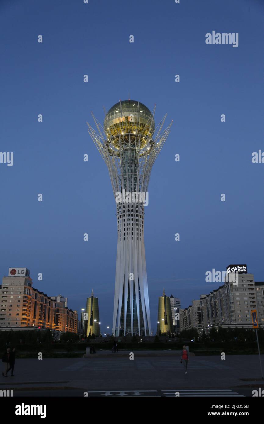 Nightly view on Baiterek, Бәйтерек, 'Tree of Life' in Nur-Sultan (Astana), Kazakhstan Stock Photo