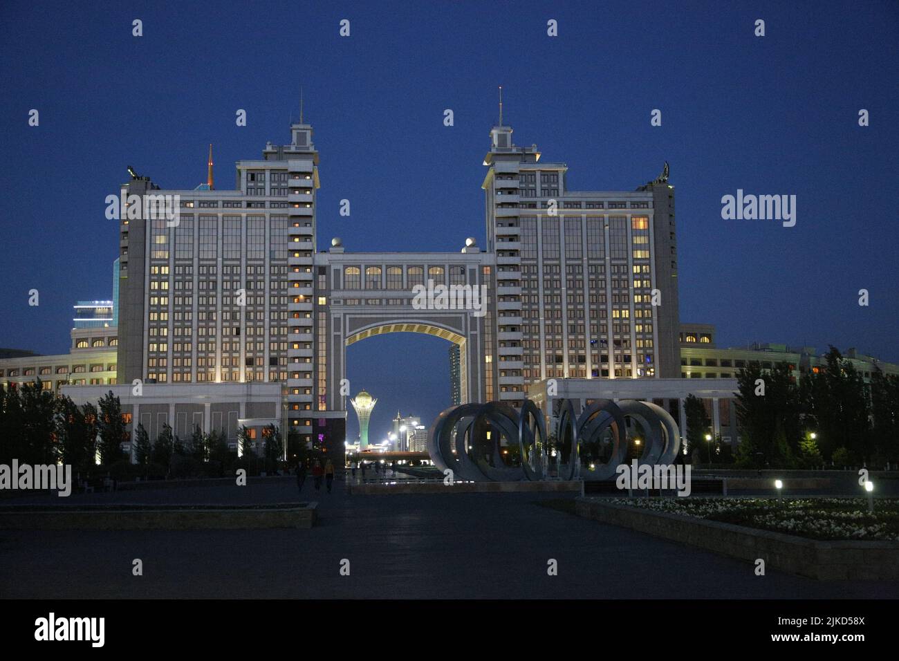 Nightly view of KazMunayGas Headquarters in Astana (Nur-Sultan), Kazakhstan Stock Photo