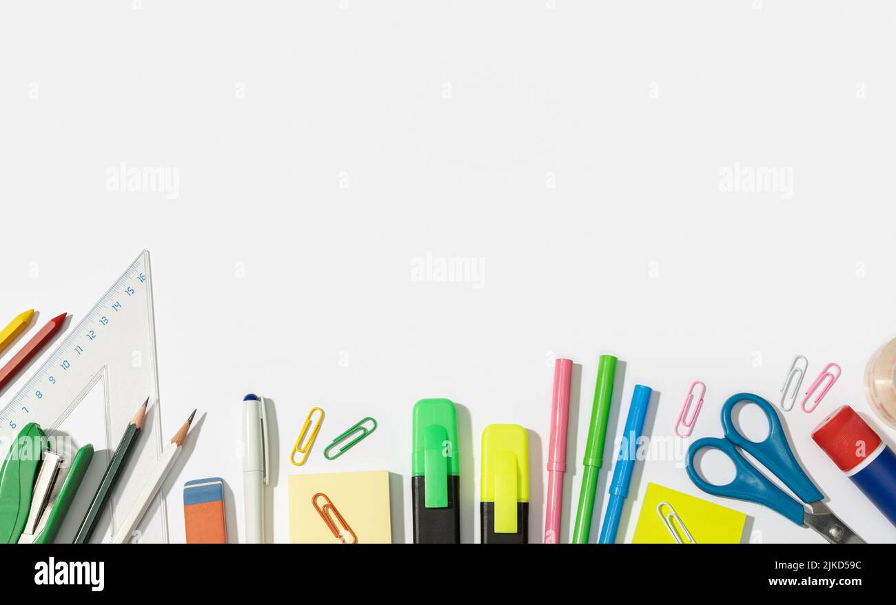 Back to school background with copy space. Variety of Office and school supplies on white background Stock Photo