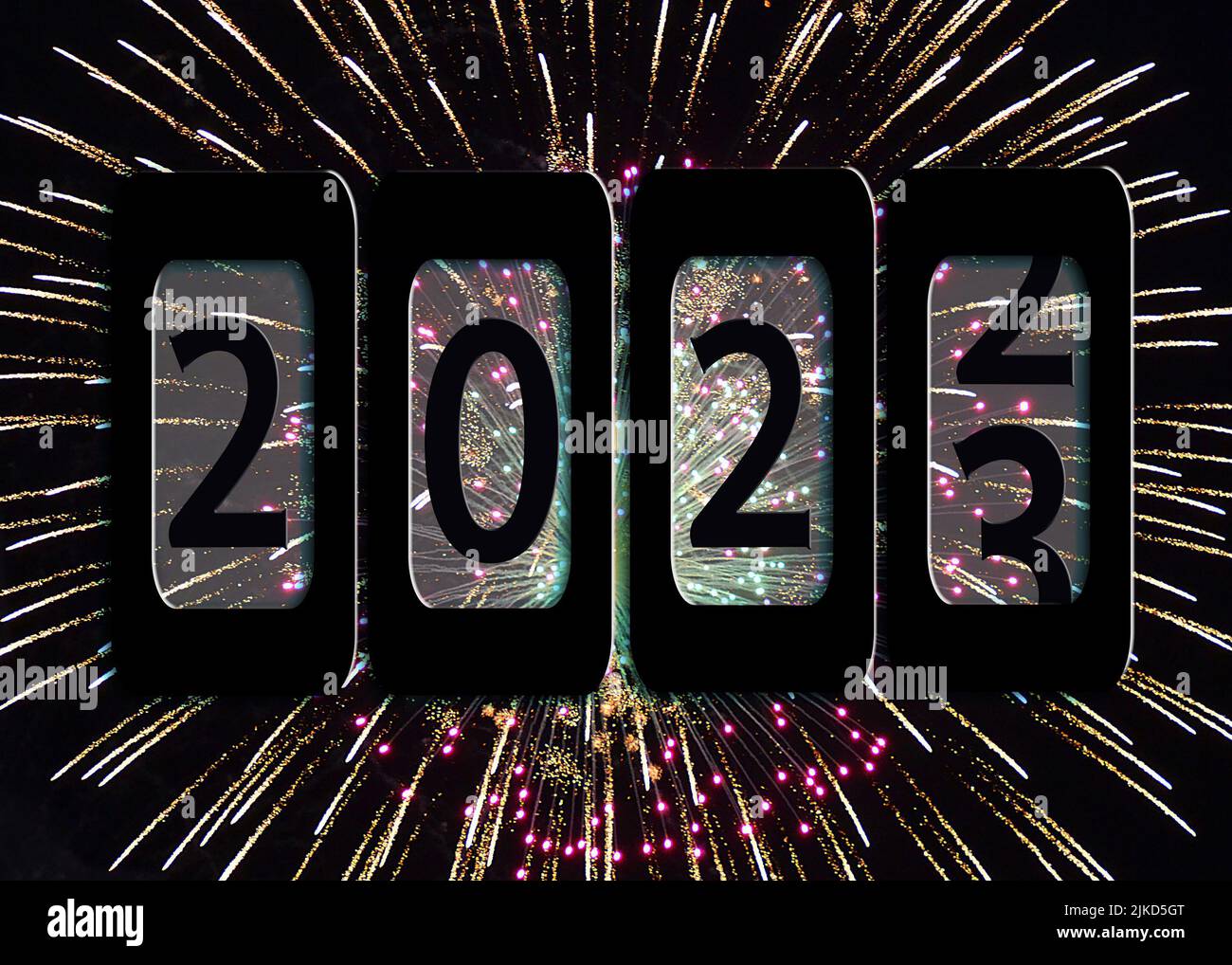 New year 2023 odometer sign on fireworks Stock Photo