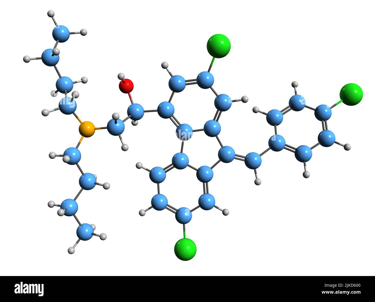 3D image of Lumefantrine skeletal formula - molecular chemical structure of  antimalarial drug benflumetol isolated on white background Stock Photo