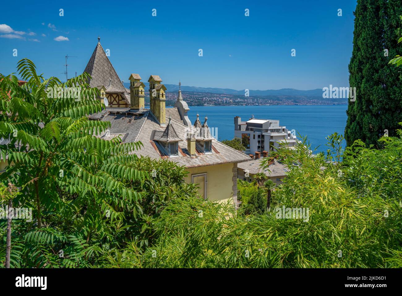 View of ornate buildings overlooking the town of Opatija, Kvarner Bay, Croatia, Europe Stock Photo