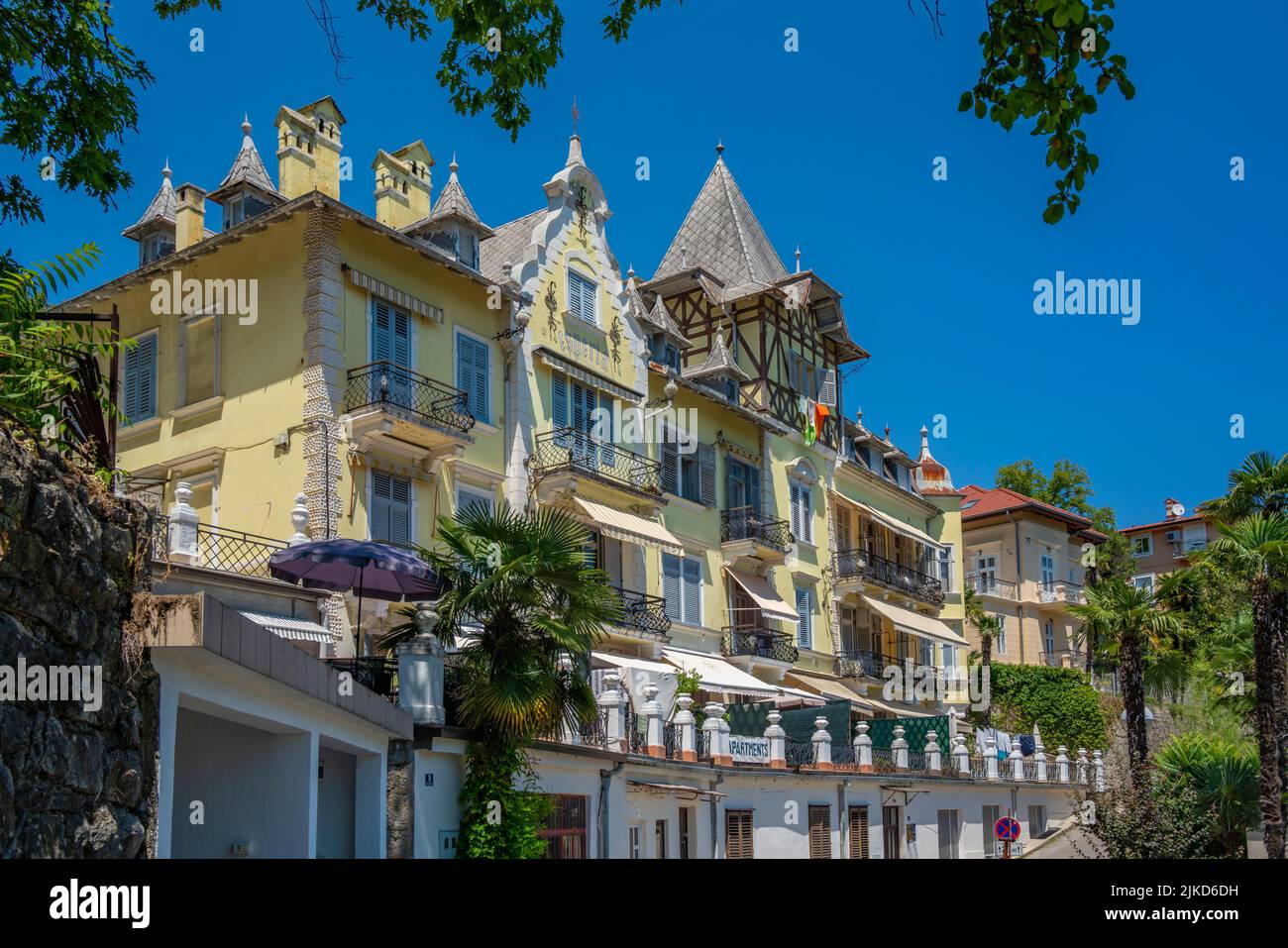 View of ornate buildings overlooking the town of Opatija, Kvarner Bay, Croatia, Europe Stock Photo