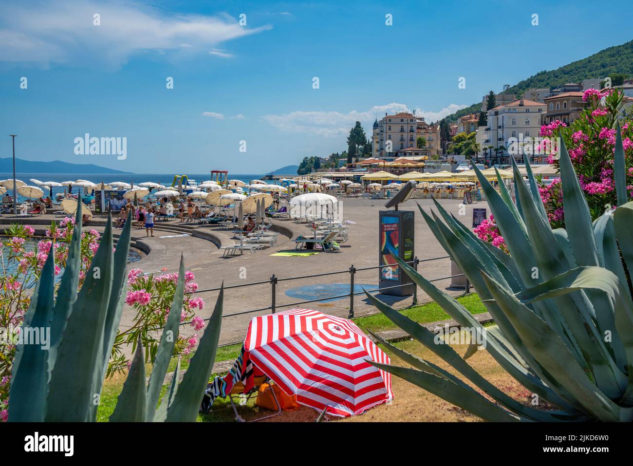 View of restaurants and sunshades on The Lungomare promenade in the town of Opatija, Opatija, Kvarner Bay, Croatia, Europe Stock Photo