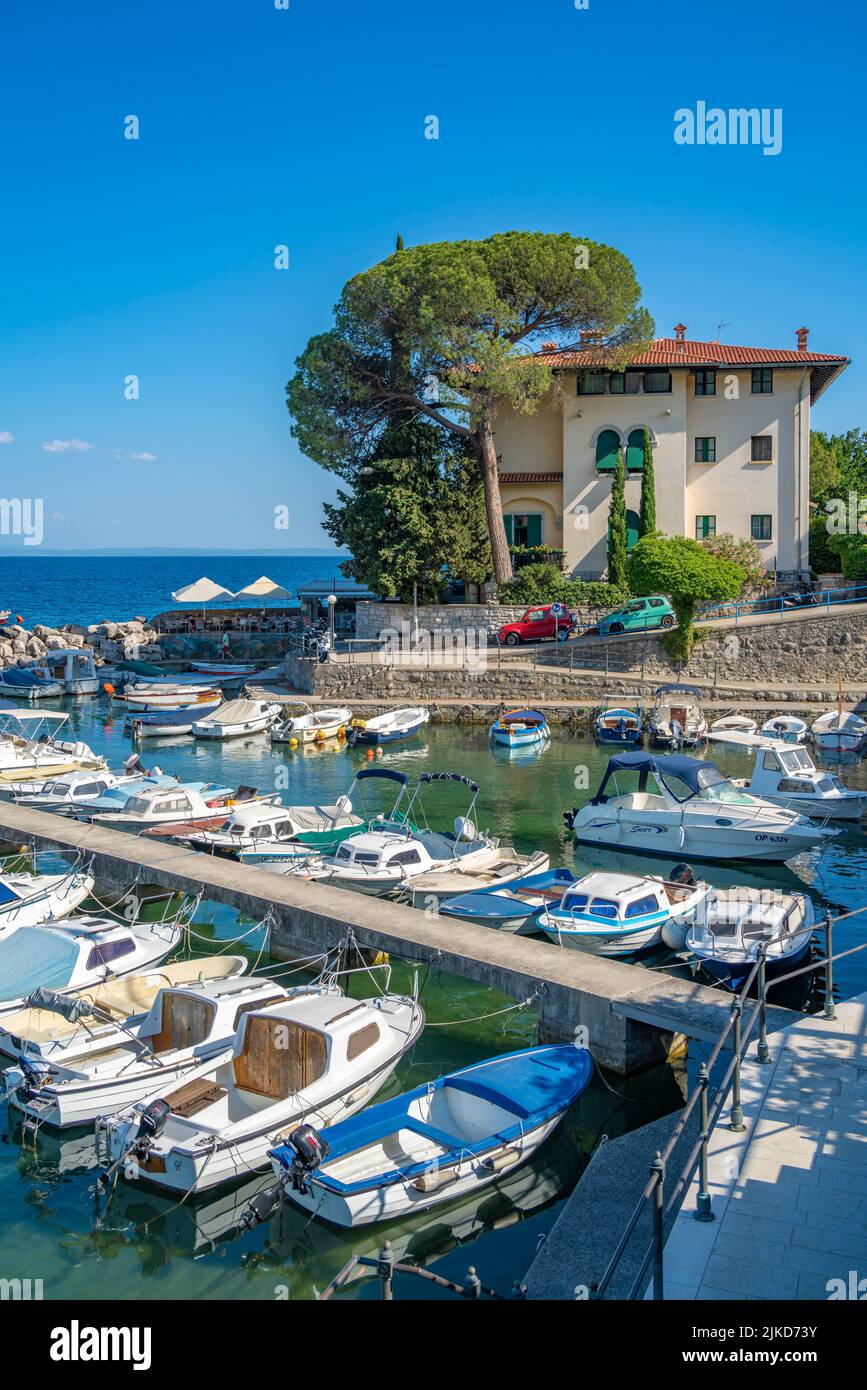 View of boats in the marina and Aegean Sea at Icici, Icici, Kvarner Bay, Croatia, Europe Stock Photo