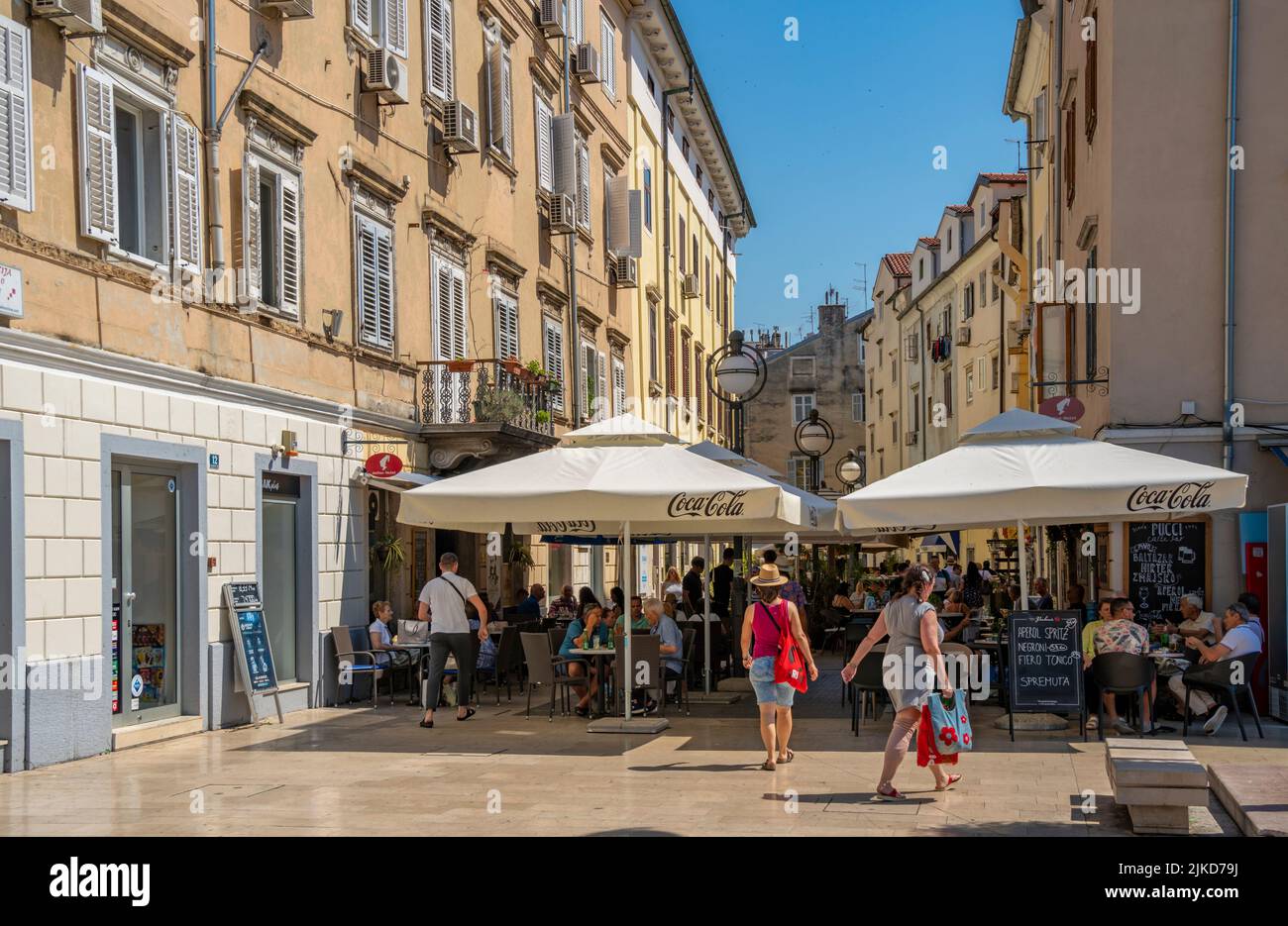 View of alfresco eating cafe restaurant and ornate architecture on the Korzo, Rijeka, Croatia, Europe Stock Photo