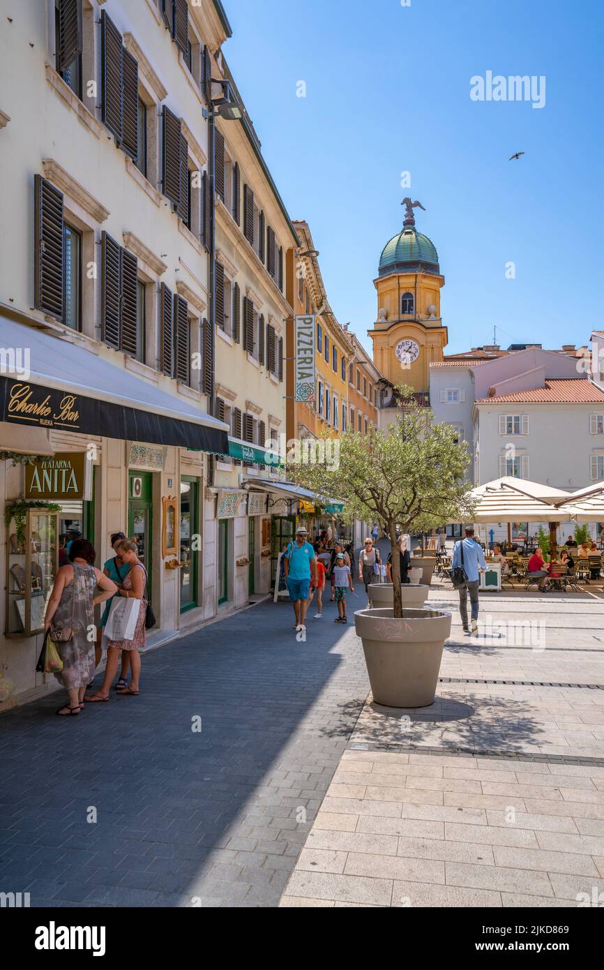 View of City Clock Tower and shops in Trg Ivana Koblera in old town