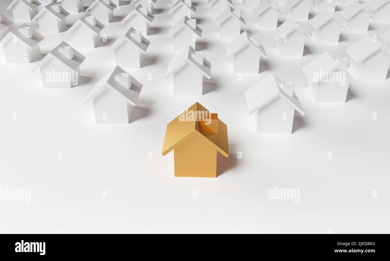 Golden house in group of others houses. The chosen one. 3D rendering. Stock Photo
