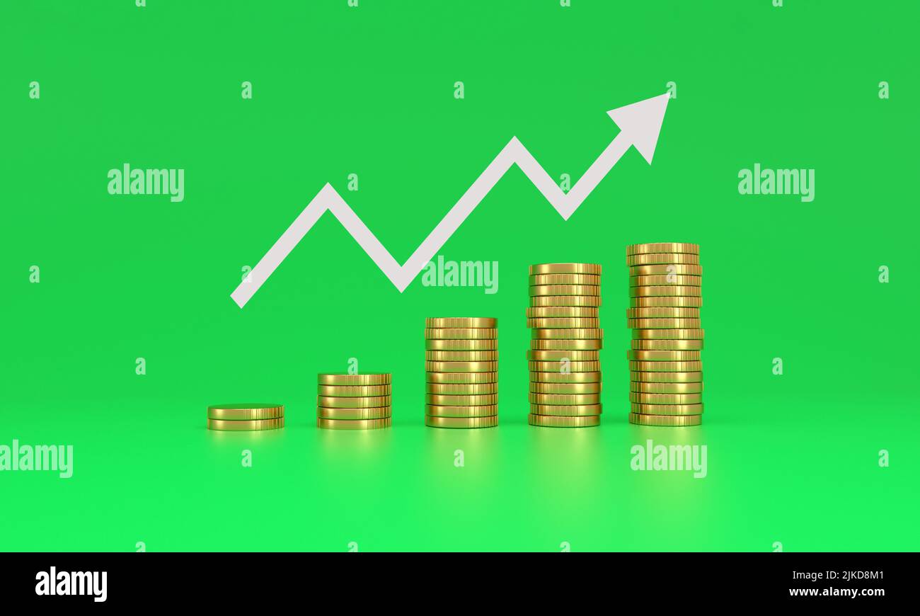Up arrow and coin stacks on green background. Financial success and growth concept. 3d rendering. Stock Photo