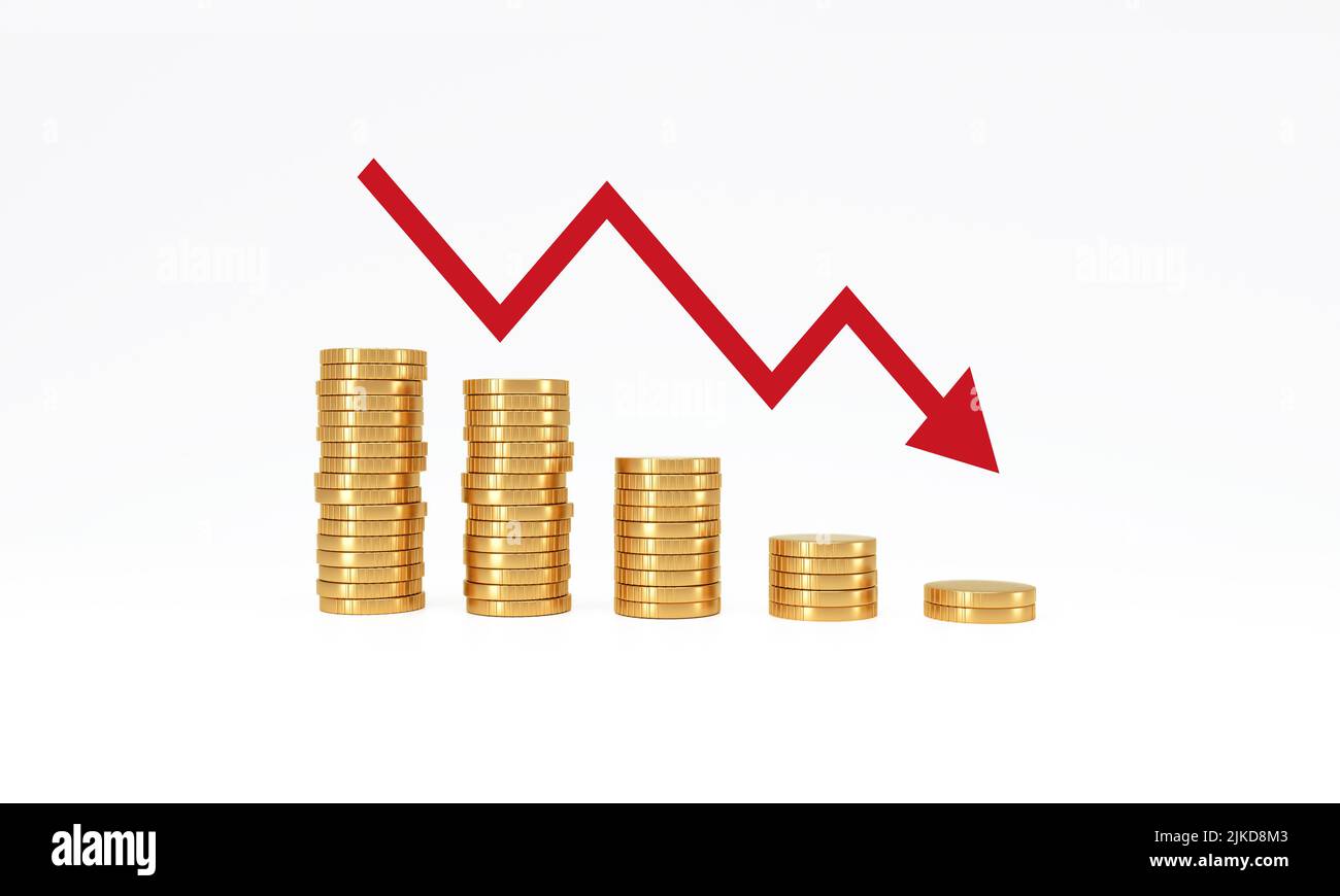 Coin stack step down graph with red arrow on white background. management business financial and investment concept. 3D rendering. Stock Photo