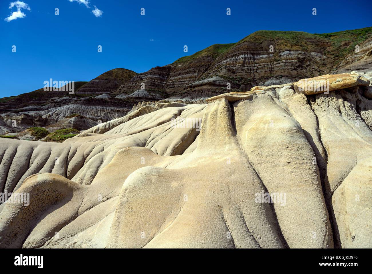 Sandstone Hoodoos and rock formations in the Canadian Badlands, Drumheller, Alberta, Canada. Stock Photo