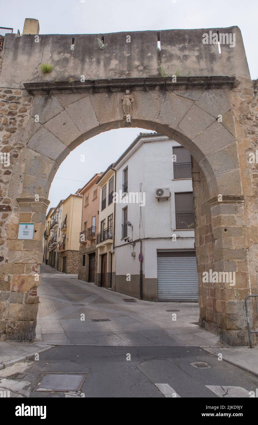 Coria Gate at Medieval street at Plasencia Old town, Caceres, Extremadura, Spain. Stock Photo