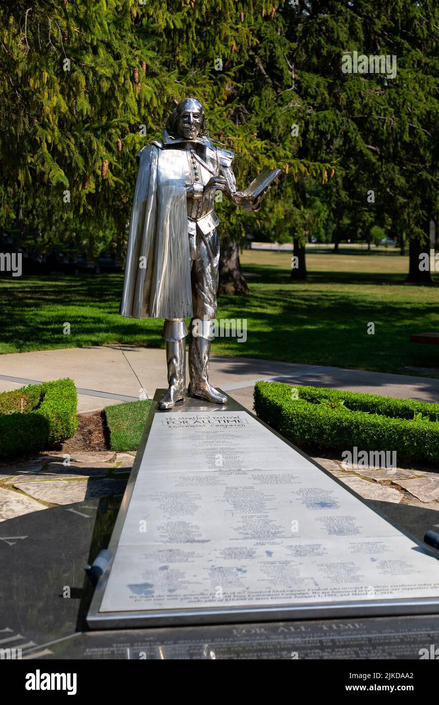 Metal statue of William Shakespeare stands in the park near the festival theater. Stratford Ontario Canada. Stock Photo