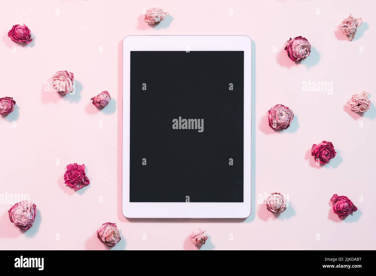 blogging social networks tablet computer flat lay Stock Photo