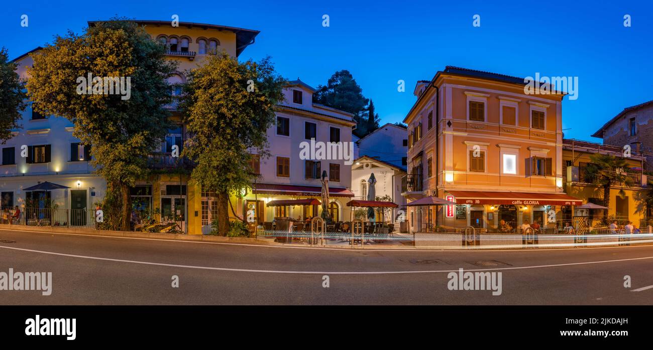 View of bar and restaurant at Ika at dusk, Ika, Kvarner Bay, Eastern Istria, Croatia, Europe Stock Photo