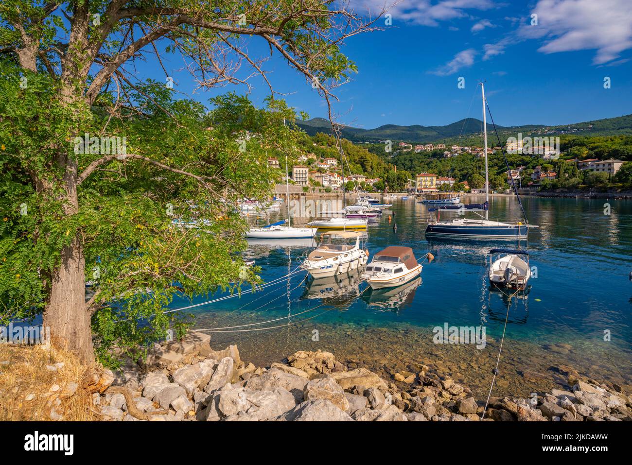 View of boats in the bay at Ika, Eastern Istria, Kvarner Bay, Eastern Istria, Croatia, Europe Stock Photo