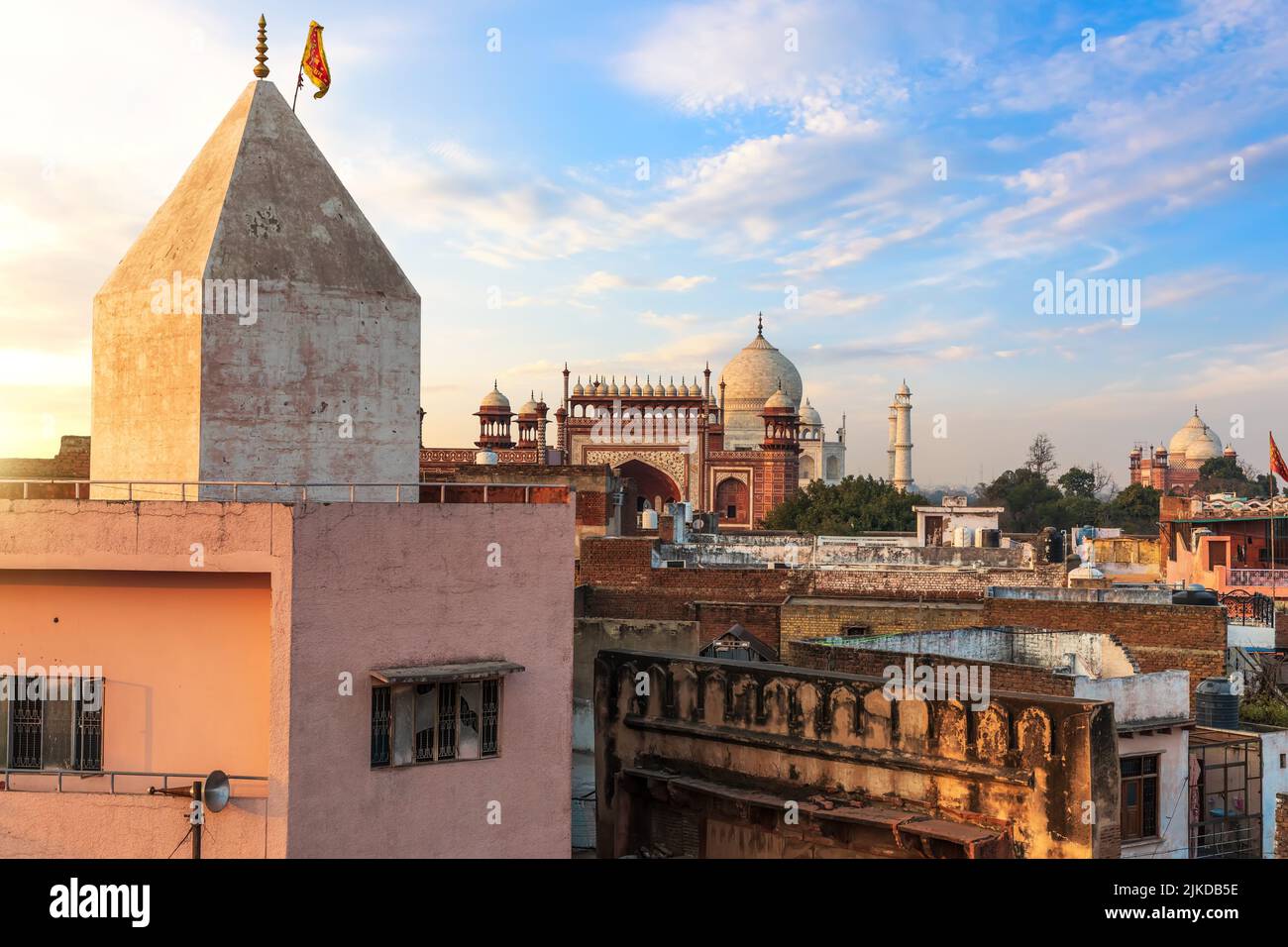 Agra deprived area and view on the Taj Mahal gate, India. Stock Photo