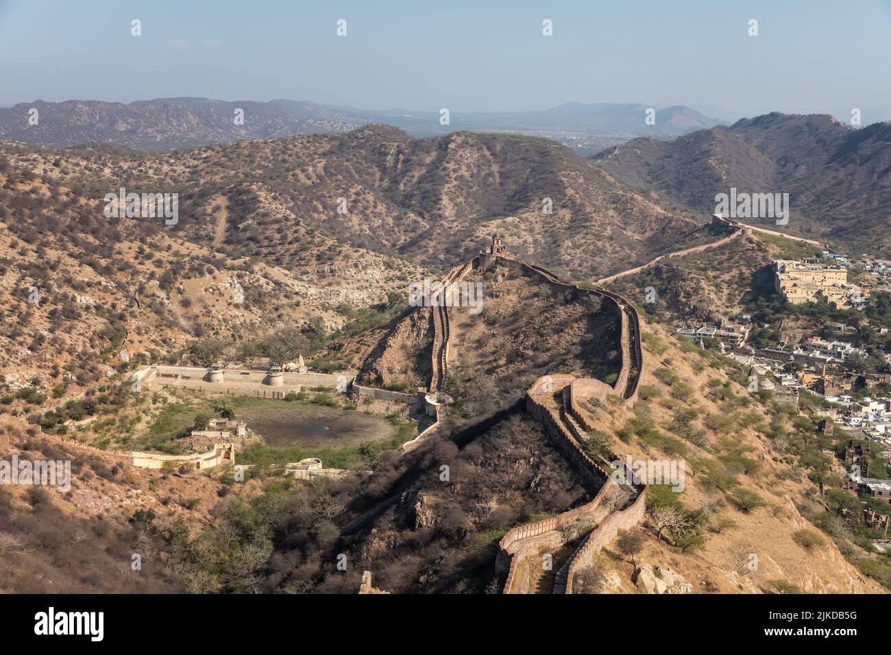 Fort walls in the hills of Jaipur, India. Stock Photo