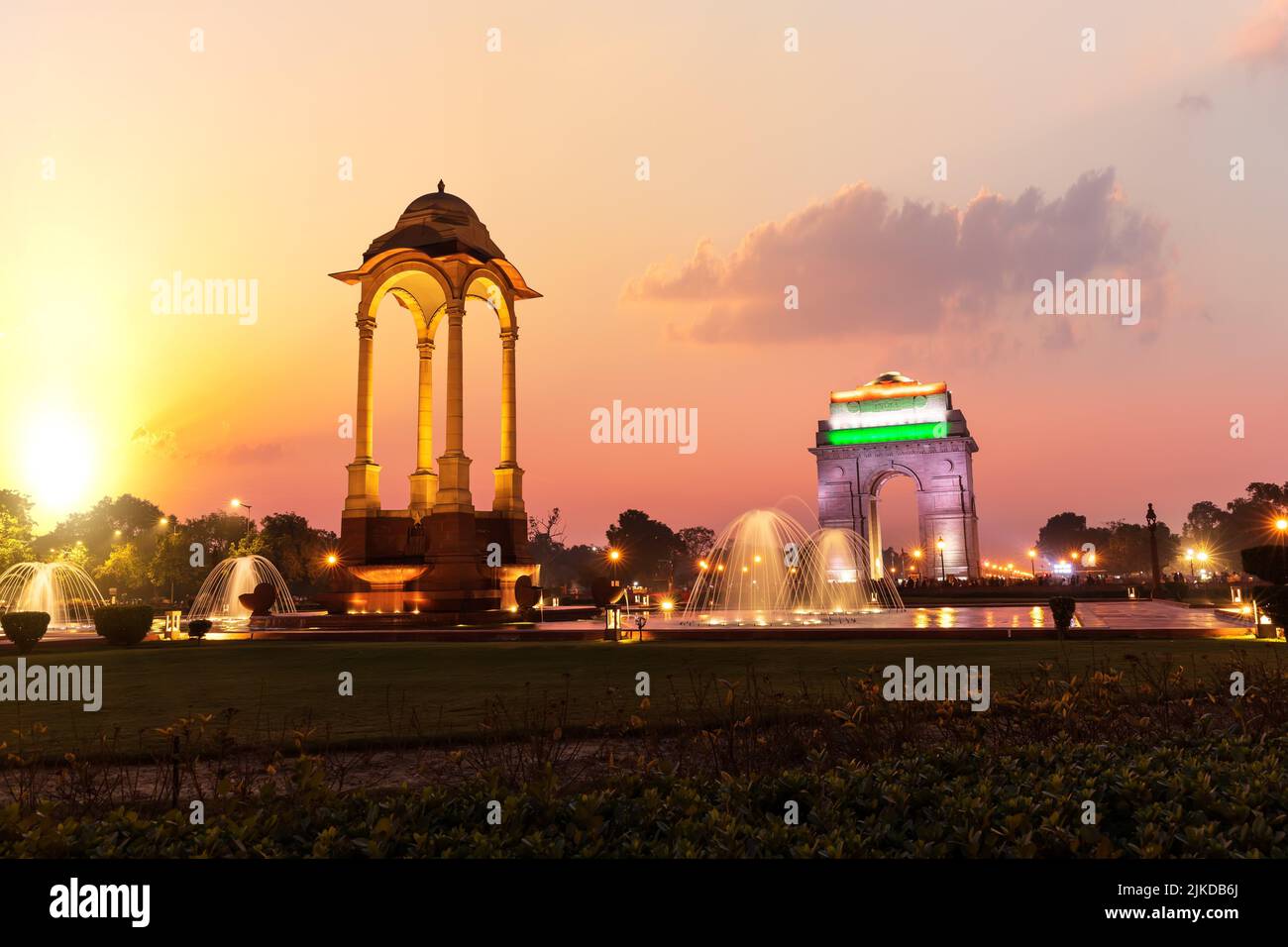 India Gate and the Canopy in the evening, New Delhi. Stock Photo