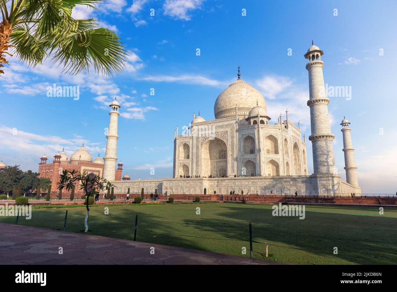 Taj Mahal Tomb and the mosque view, India, Agra. Stock Photo
