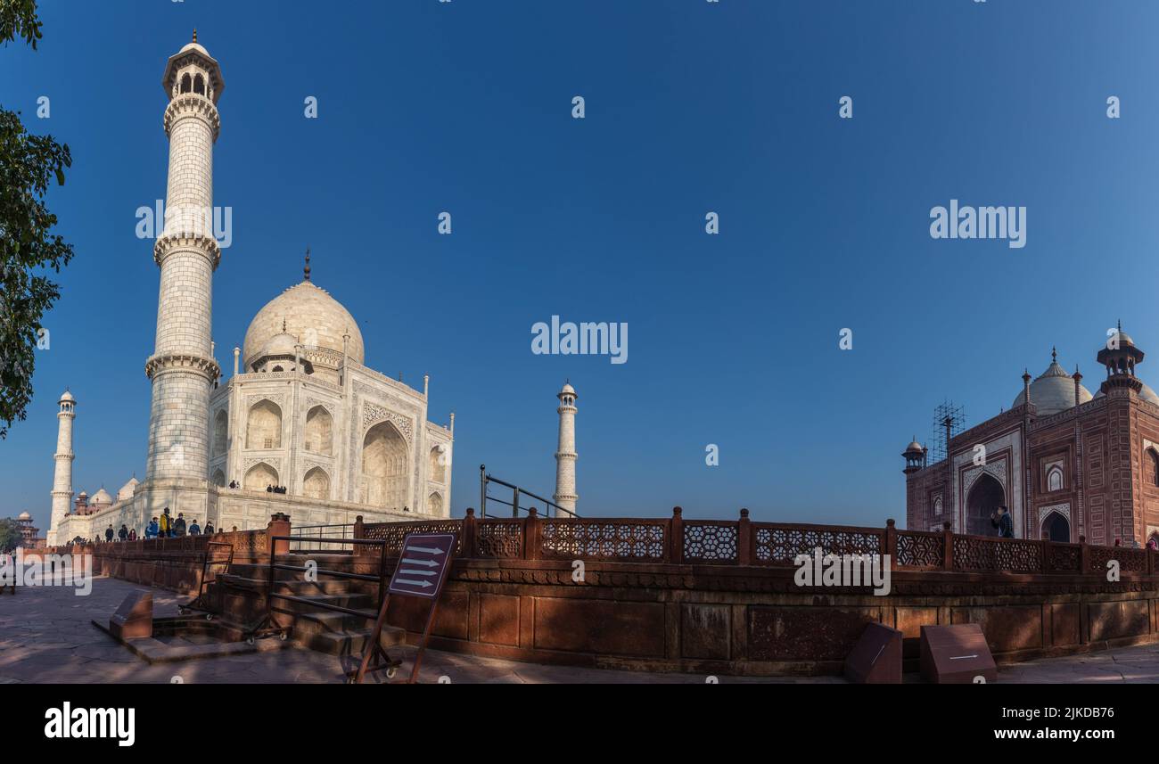 Taj Mahal mosque close panorama, India. Stock Photo