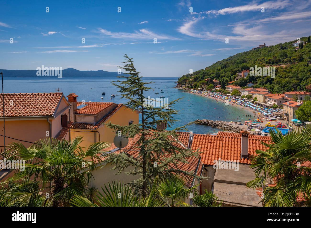 View of rooftops and beach in Mošćenička Draga, Eastern Istria, Kvarner Bay, Eastern Istria, Croatia, Europe Stock Photo