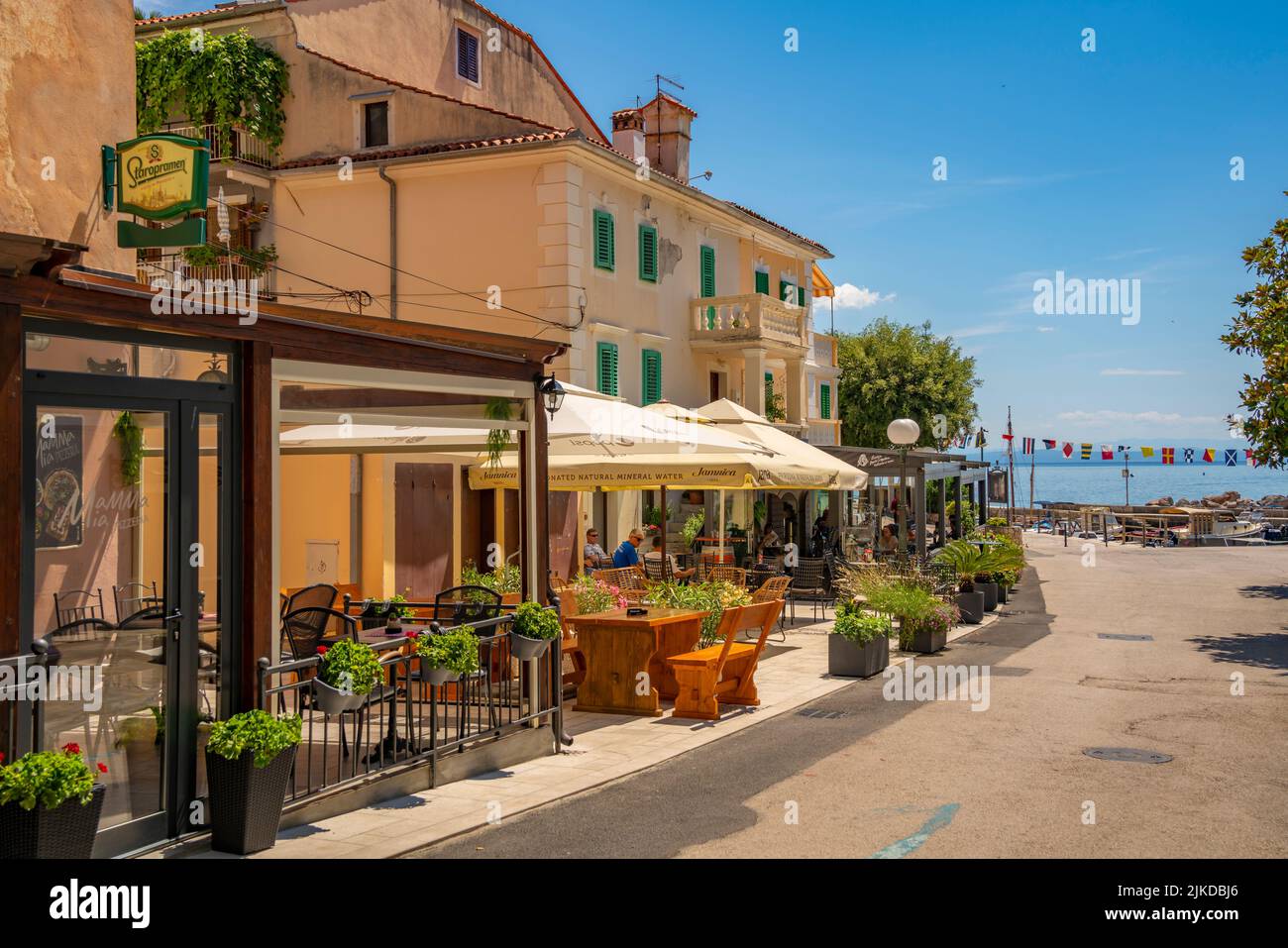 View of restaurants and the marina in Mošćenička Draga, Eastern Istria, Kvarner Bay, Eastern Istria, Croatia, Europe Stock Photo