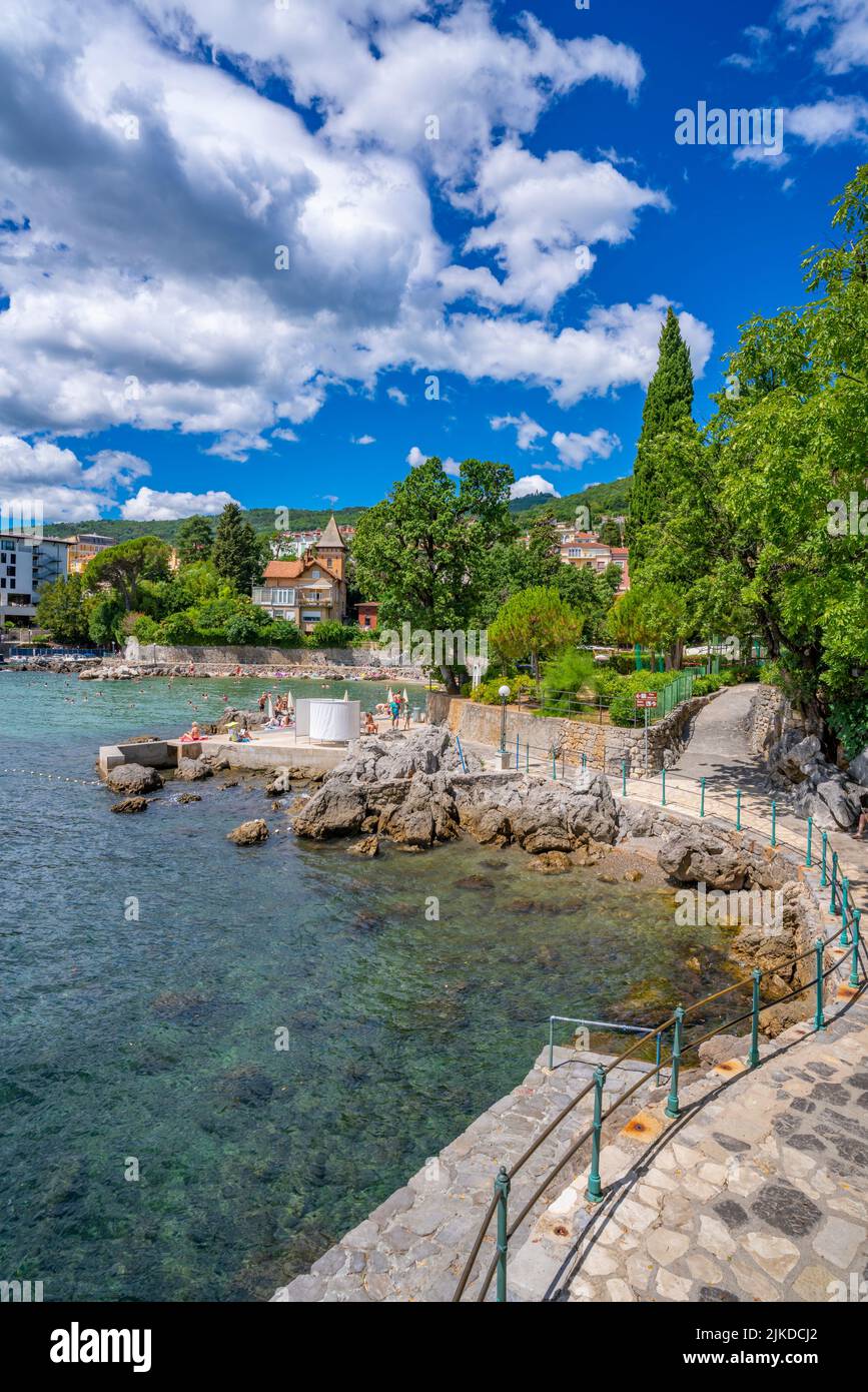 View of hotels and Aegean Sea near Opatija, Eastern Istria, Kvarner Bay, Eastern Istria, Croatia, Europe Stock Photo