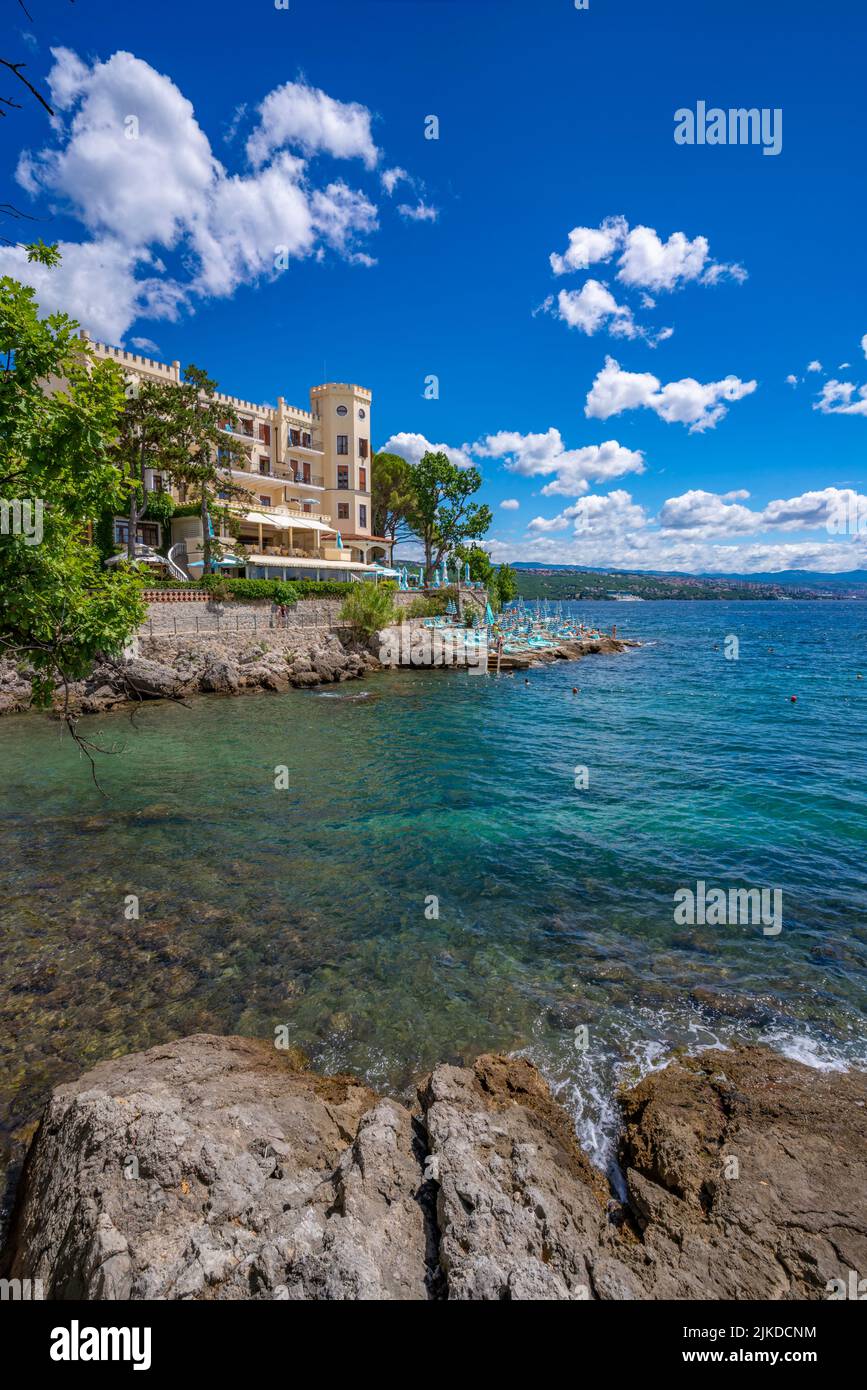 View of hotel and Aegean Sea near Opatija, Eastern Istria, Kvarner Bay, Eastern Istria, Croatia, Europe Stock Photo