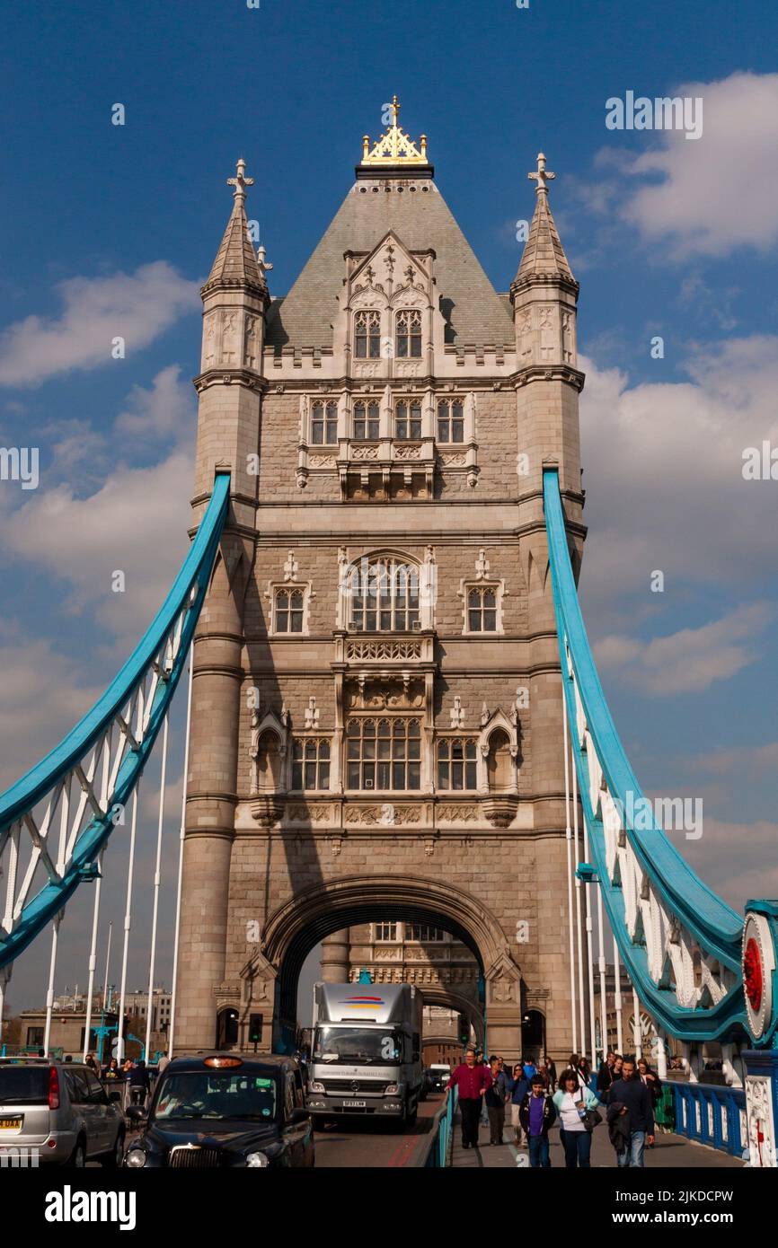 London, England - Aril 2, 2012: Tower Bridge, most famous bridge in London across the River Thames. Bridge is combined bascule and suspension bridge Stock Photo