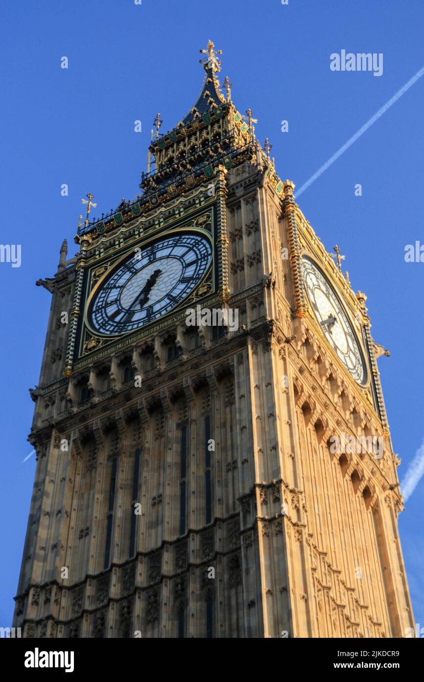 Big ben (Great Bell) clock tower at the north end of the Palace of Westminster in London, England. Stock Photo