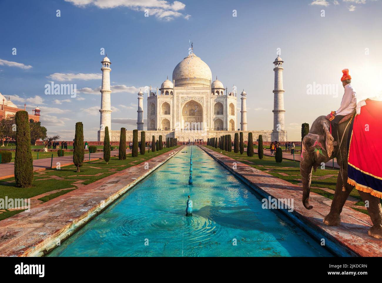 Taj Mahal and an Indian man on the elephant, Agra, India. Stock Photo