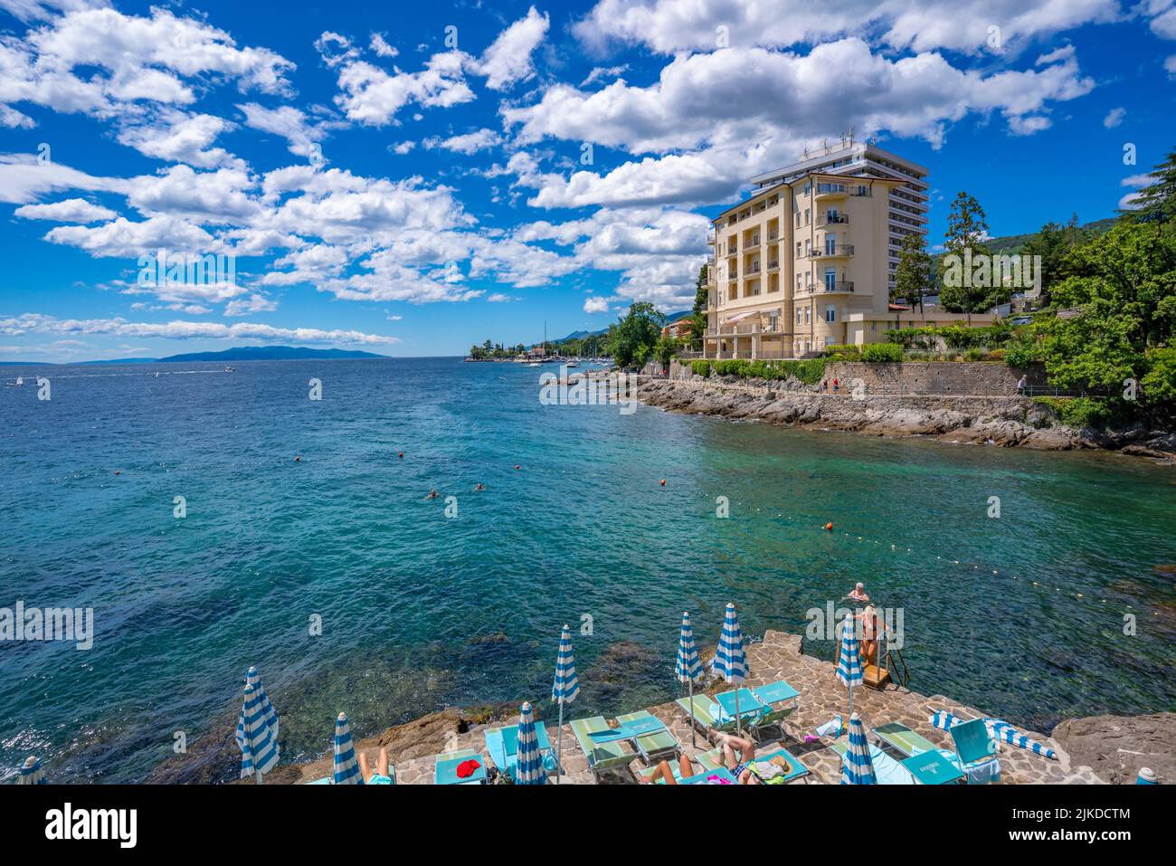 View of hotels and Aegean Sea near Opatija, Eastern Istria, Kvarner Bay, Eastern Istria, Croatia, Europe Stock Photo