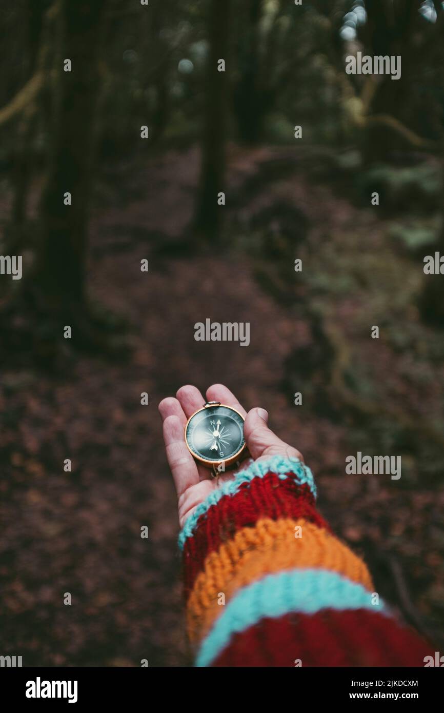 Point of view of woman hand with compass in the woods. Concept of destination and direction in life. Choose where to go. Tourist enjoy woods in Stock Photo