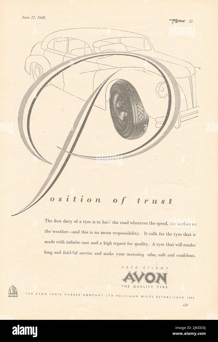 Avon Quality Tyre old vintage advertisement from a UK car magazine 1949 Stock Photo