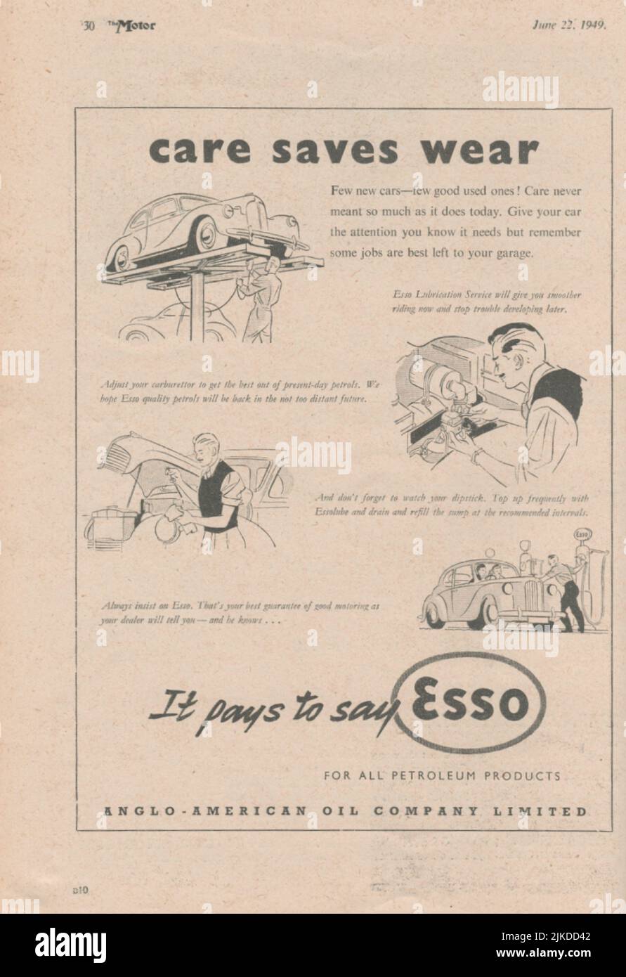 Esso Care saves Wear old vintage advertisement from a UK car magazine Stock Photo