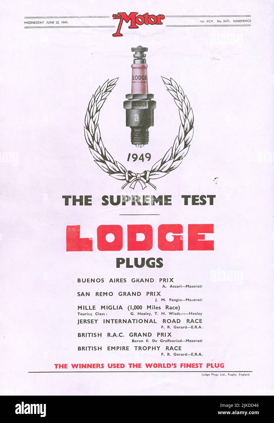 Lodge Plugs old vintage advertisement from a UK car magazine The Motor 1949 Stock Photo