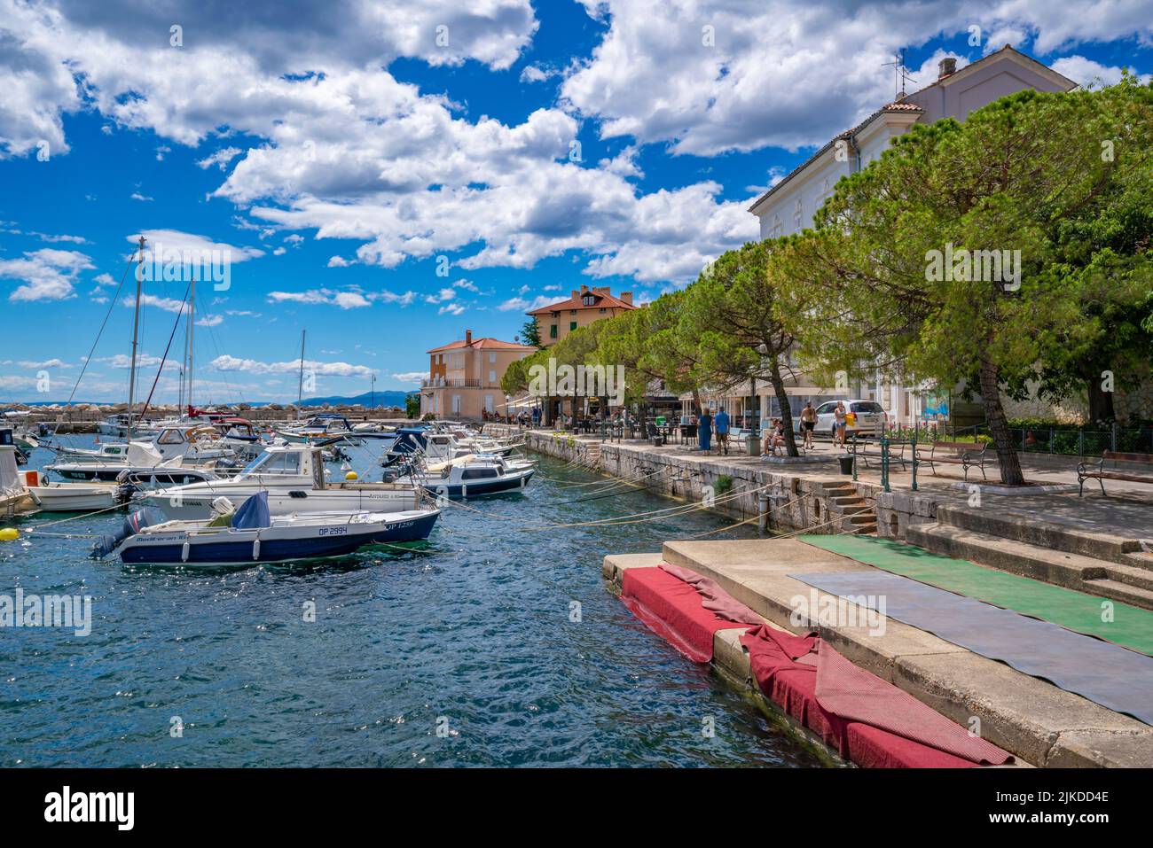 View of hotels and cafe overlooking marina at Volosko, Eastern Istria, Kvarner Bay, Eastern Istria, Croatia, Europe Stock Photo
