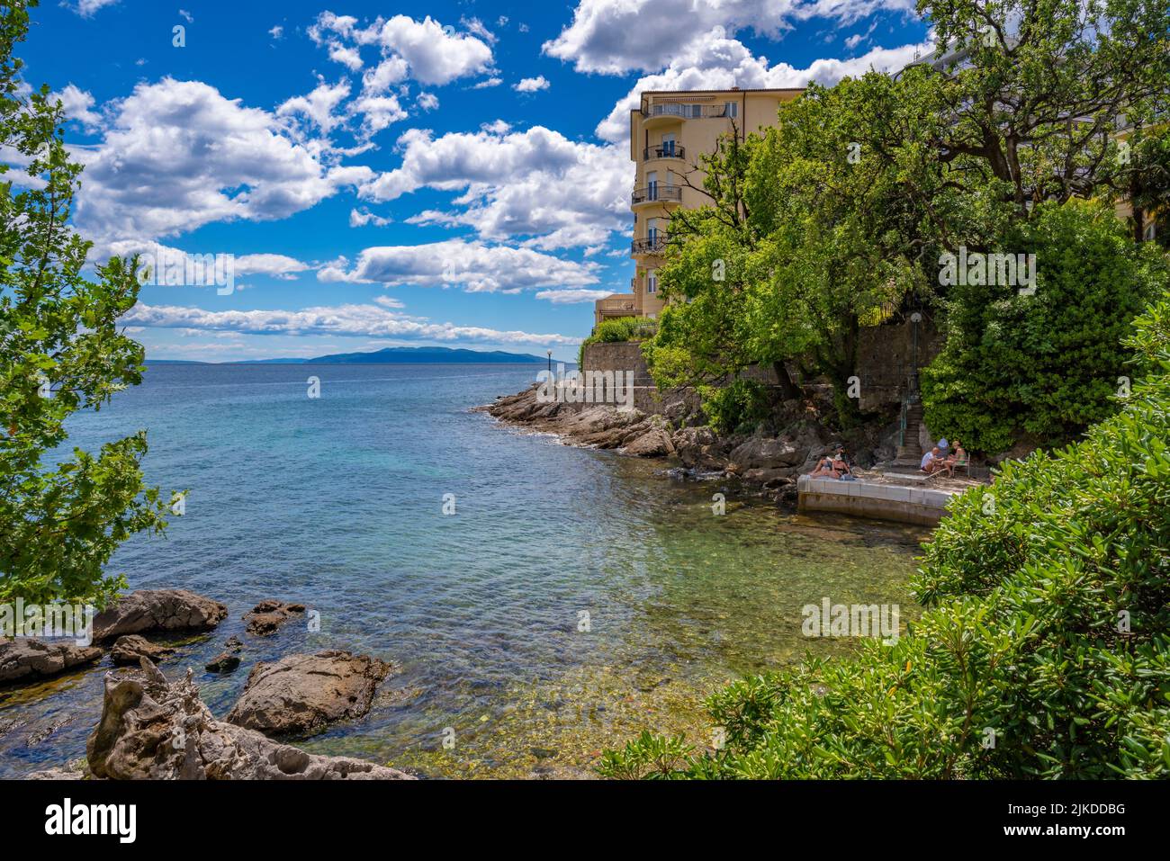 View of hotels and Aegean Sea near Opatija, Eastern Istria, Kvarner Bay, Eastern Istria, Croatia, Europe Stock Photo